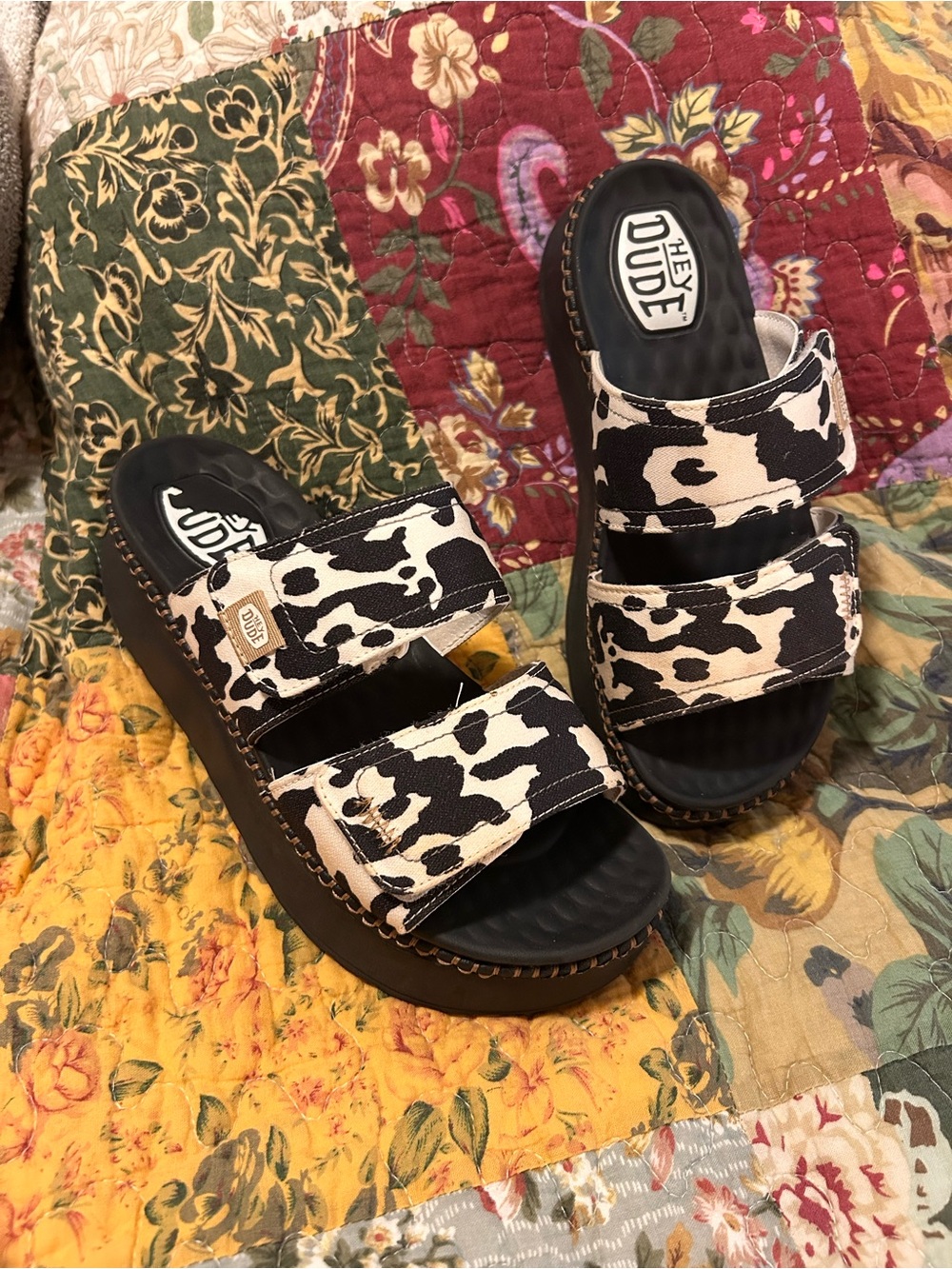 HEY DUDE Black & White Cow Print Platform Slide Sandals